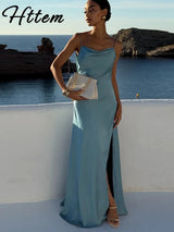 Elegant Split Women' s Dresses Solid Square Collar Backless Sleeveless Long Dress Female 2026 Spring Summer Party Evening Robes