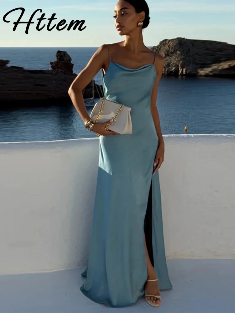Elegant Split Women' s Dresses Solid Square Collar Backless Sleeveless Long Dress Female 2026 Spring Summer Party Evening Robes