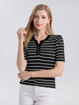 SuyaDream, Women Strips T Shirt, Round Neck, Short Sleeves Chic Shirt, 70%Silk 30%Cotton, 2025 Spring Summer Cozy Top