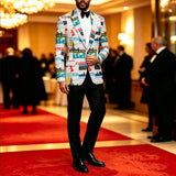 Men Newspaper World Map Printed Blazer Black Peak Lapel Slim Fit Jacket Wedding Groom Tuxedo For Party Prom