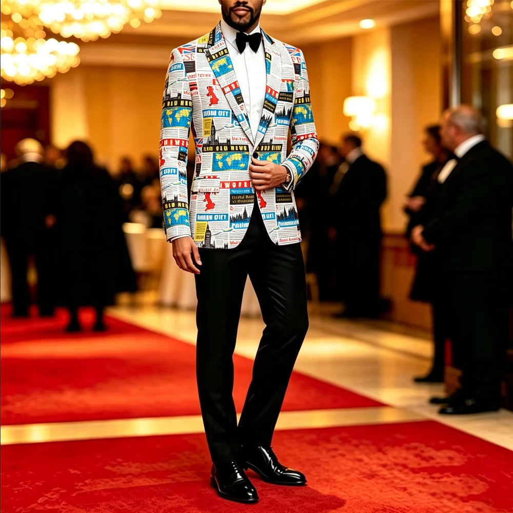 Men Newspaper World Map Printed Blazer Black Peak Lapel Slim Fit Jacket Wedding Groom Tuxedo For Party Prom