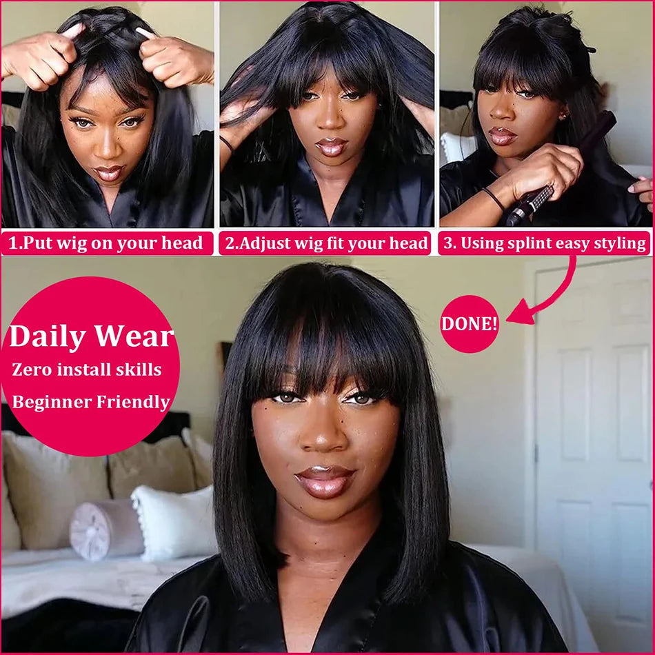 Natural Black Straight Human Hair Wig With Bangs For Women 30 34 Inch Brazilian 3x1 Lace Wigs Full Machine Made Wig