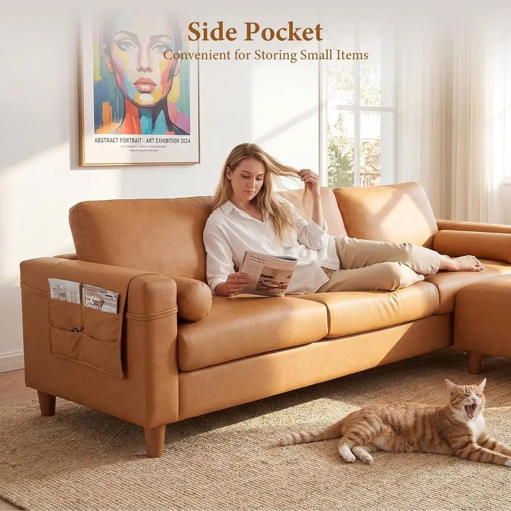 3 Seater L-Shaped PU Leather Sofa with Movable Ottoman for Living Room in Camel Color