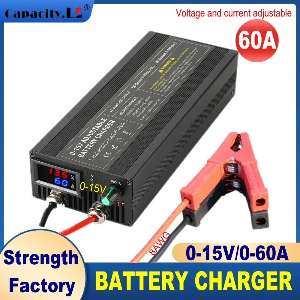 12v 100A 60a lithium Battery Charger 30A 20A 40A 50A Fast Charger with Adjustable Current 100V-240V for Lifepo4 Lithium Battery