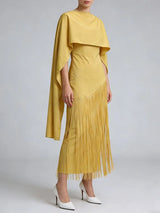 TWOTWINSTYLE Solid Spliced Tassels Temperament Dress for Women Strapless Sleeveless Patchwork Shawl Elegant Dresses Female New
