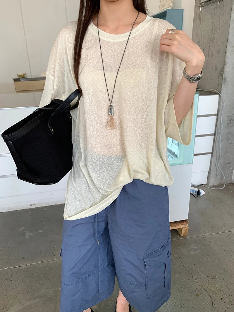 Summer Women's Casual Loose T-shirt Solid Color Round Neck Short Sleeved Top for Comfortable Fashion