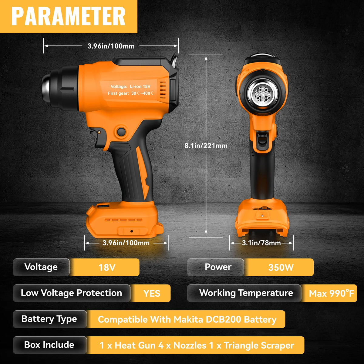 Cordless Electric Heat Gun For Makita For DEWALT 18V Battery Hot Air Gun With Nozzles Portable Power Tool For Shrink Wraping