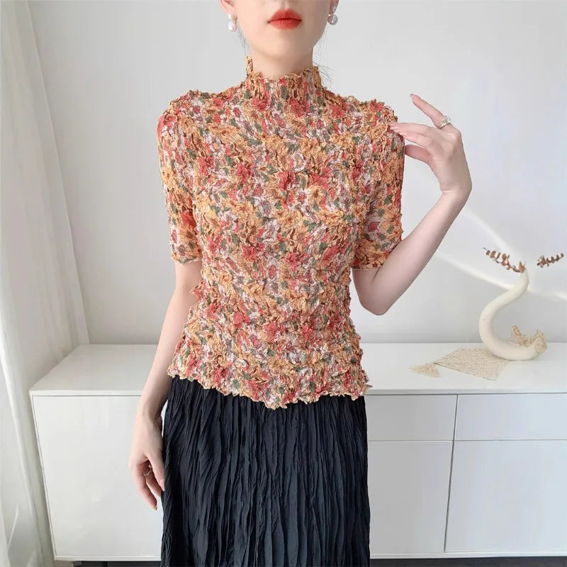 Printed Summer Pleated Top Comfortable Casual Split Loose T-Shirt Round Neck Short Sleeve Stretchy Tight Office Women's