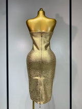 Women Sexy Gold Strapless Bodycon Bandage Dress 2025 Fashion Celebrate Evening Party Luxury Birthday Wedding Guest Dress