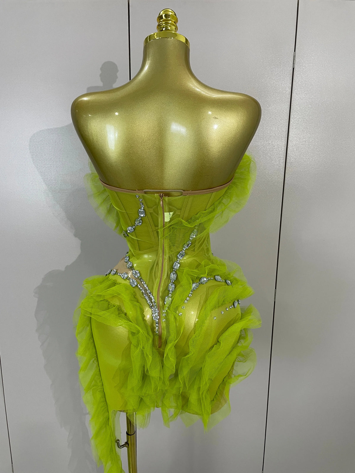 Sexy Celebrate Eveing Birthday Party Nightclub Red Carpet Stage Wear Sparkly Green Diamonds Mesh Asymmetric Bodycon Mini Dress