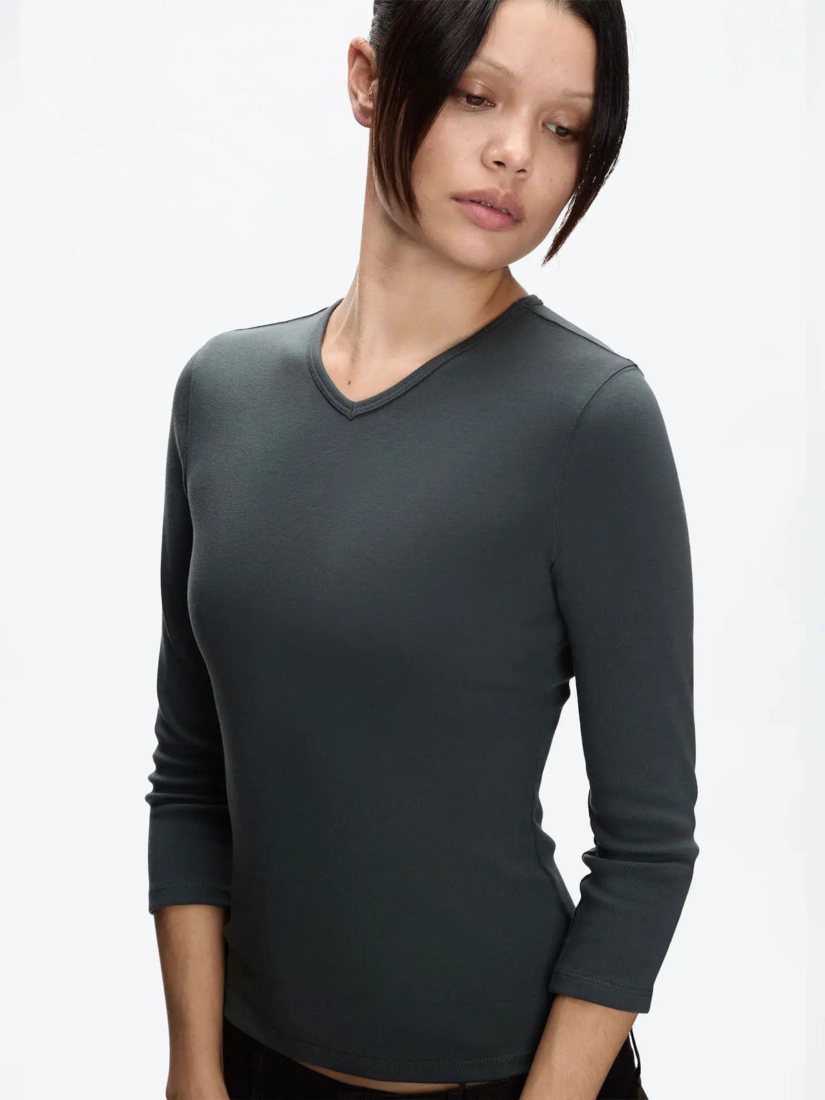 Tank White, Gray-Blue, Small V-Neck, Regular Shoulder, 3/4-Length Sleeve Top, Black Tight, Waist-Cinching T-Shirt as a Base Laye