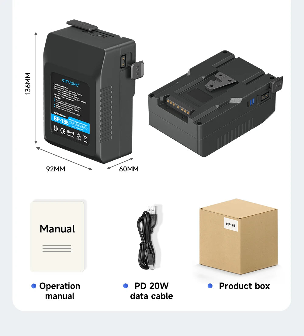V Mount Battery BP-98 BP-229 Mini V-Mount Battery with PD 65W USB-C Fast Charging for Video Camera Camcorder Broadcast LED Light