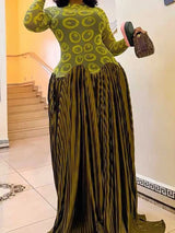 Elegant Olive Green Dresses High Waist Long Sleeve Maxi Dress for Woman Evening Party Pleated Dress Stretch Fabric for Dress