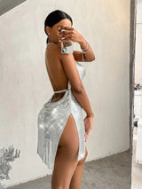 Sexy See Through Metal Sequin Evening Dress Women Summer Backless Black Beach Club Mini Dress Birthday Party Dresses Vestidos HL