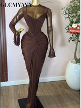 CM.YAYA Women's Flare Long Sleeve O-neck Ruched Mermaid Long Maxi Dress 2026 Street Mesh Sexy Party Cocktail Night Dresses