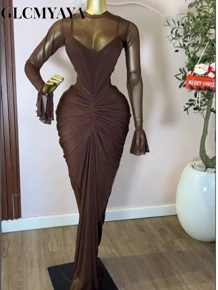 CM.YAYA Women's Flare Long Sleeve O-neck Ruched Mermaid Long Maxi Dress 2026 Street Mesh Sexy Party Cocktail Night Dresses