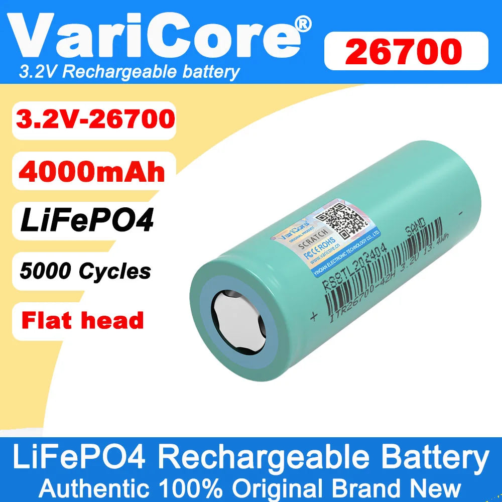 VariCore 3.2V 26700 4000mAh LiFePO4 Rechargeable Battery 3C Discharge DIY 24V 36V 48V Electric Tricycle Batteries Pack Grade A