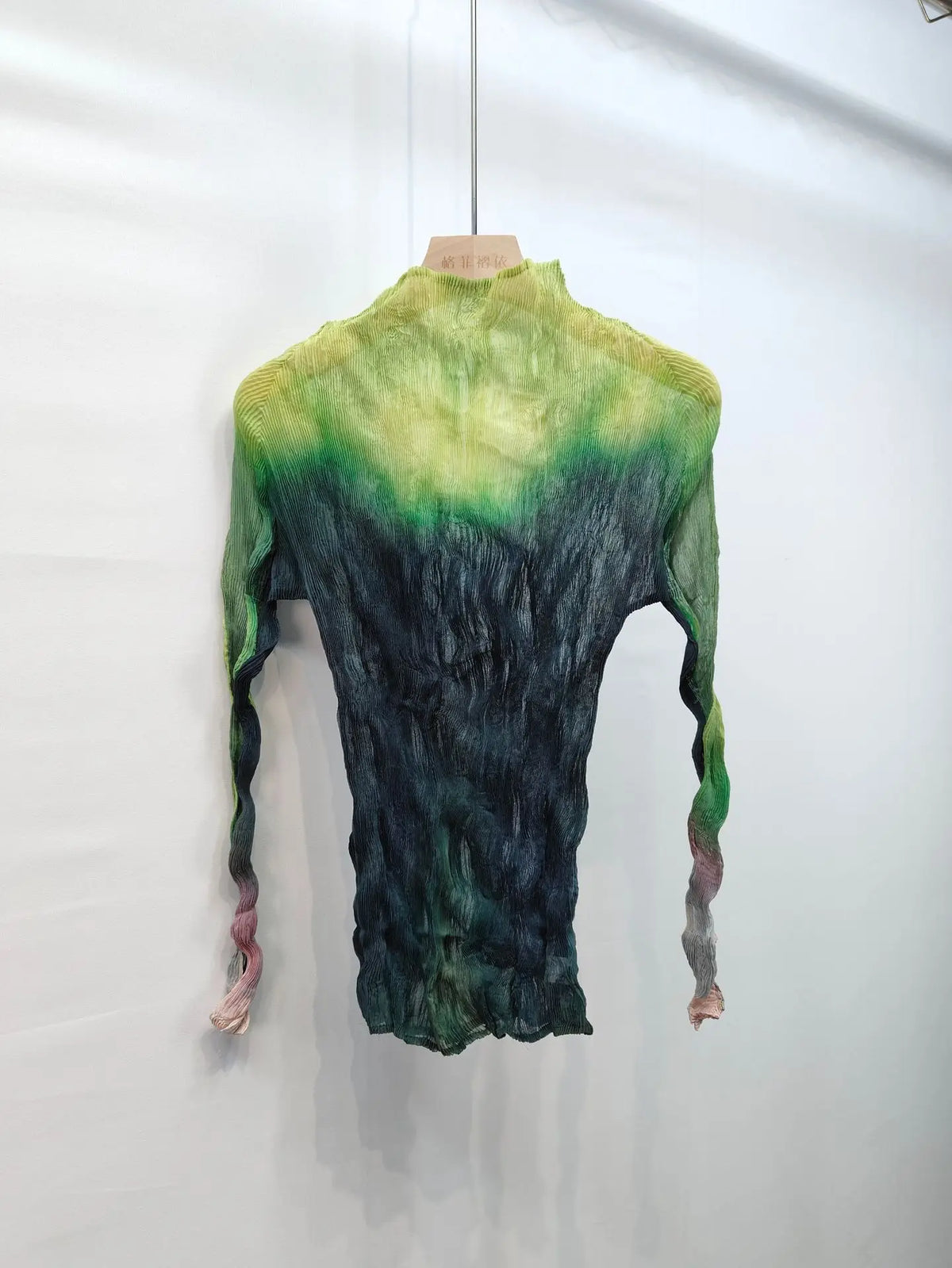 Miyake Pleated Printed Top 2025 Summer New High Neck Long Sleeve Bottoming T-shirt with High Collar