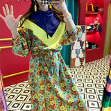 Chic Retro Floral Print Long Hoodie Dress Women's High Waist Belted Color Block Sweatshirt Style Dress City Commute Autumn