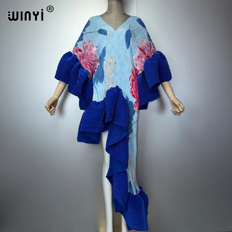 WINYI Summer Pleated Elastic Irregular Dress for Woman Beach Cover Up Abaya Dubai Luxury Party Dresses Boho Evening Dress Luxury