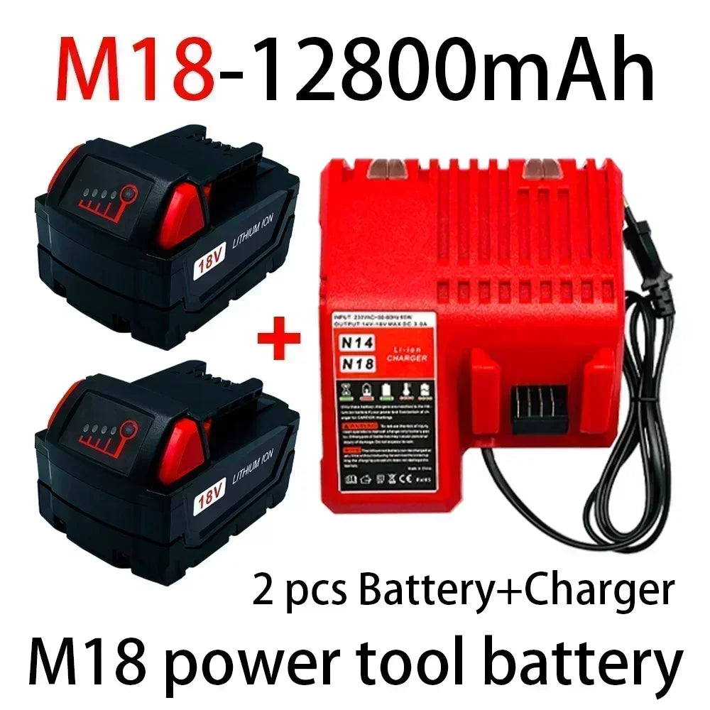 18V For Milwaukee M18 Power Tool Battery, Charger, BR, XC, 18V, 12800mAh M18B5, 48-11-1860, Built-in 18650 Battery