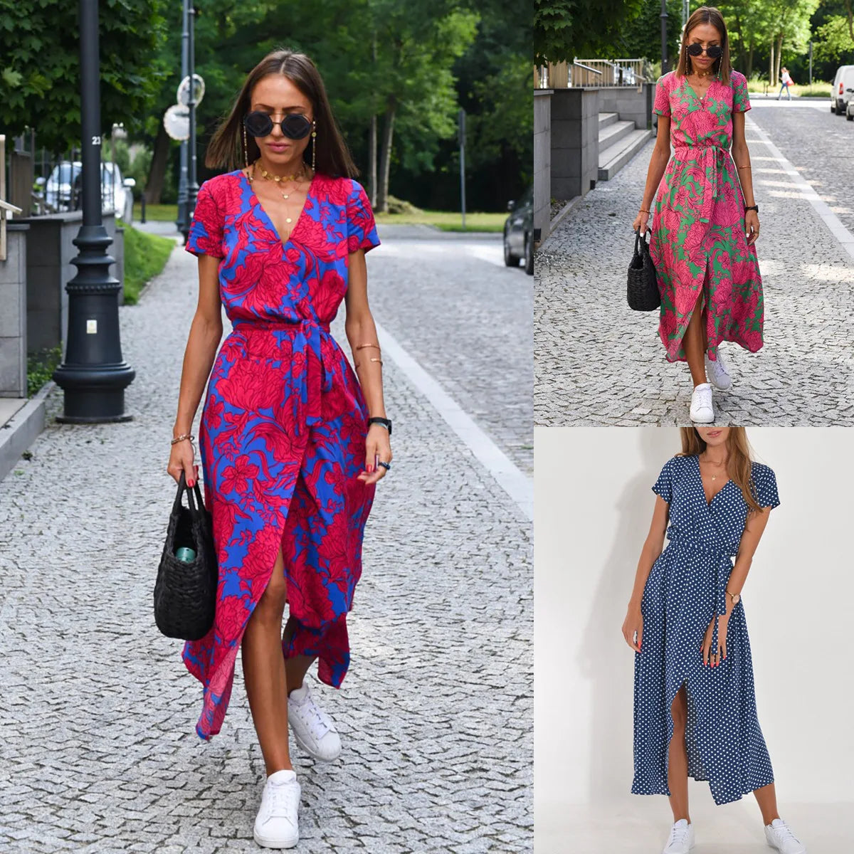 Printed Dress 2025 Summer V-neck Split Fork Medium and Long Group European and American Cross-border Women's Clothing