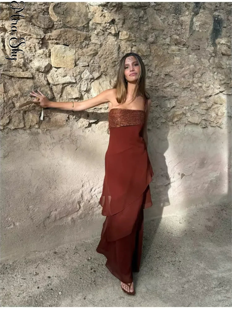Brown Glitter Chiffon Tiered Maxi Dress Elegant One Shoulder Square Neck Flowy dresses 2026 Summer Formal Wedding Party gowns