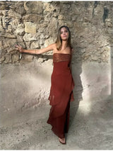 Brown Glitter Chiffon Tiered Maxi Dress Elegant One Shoulder Square Neck Flowy dresses 2026 Summer Formal Wedding Party gowns