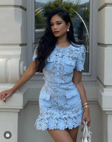 Blue Lace Dress Women Summer with Belt Short Sleeve Streetwear Clothing Lady Hollow Out Runway Design Vestidos Bodycon