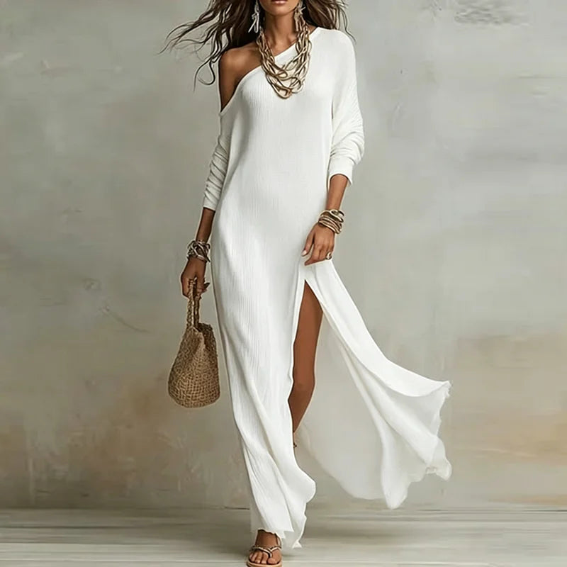 Spring One Shoulder Long Sleeve Holiday Dress Woman Sexy Skew Collar Split Bohemian Dress Elegant Solid Slim Casual Maxi Dresses