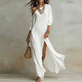 Spring One Shoulder Long Sleeve Holiday Dress Woman Sexy Skew Collar Split Bohemian Dress Elegant Solid Slim Casual Maxi Dresses