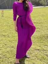 LANMREM Irregular Ruffled Pleated Maxi Dress Women Solid Color Round Neck Women's Elegant Festival Clothing 2024 Summer 2DA1460