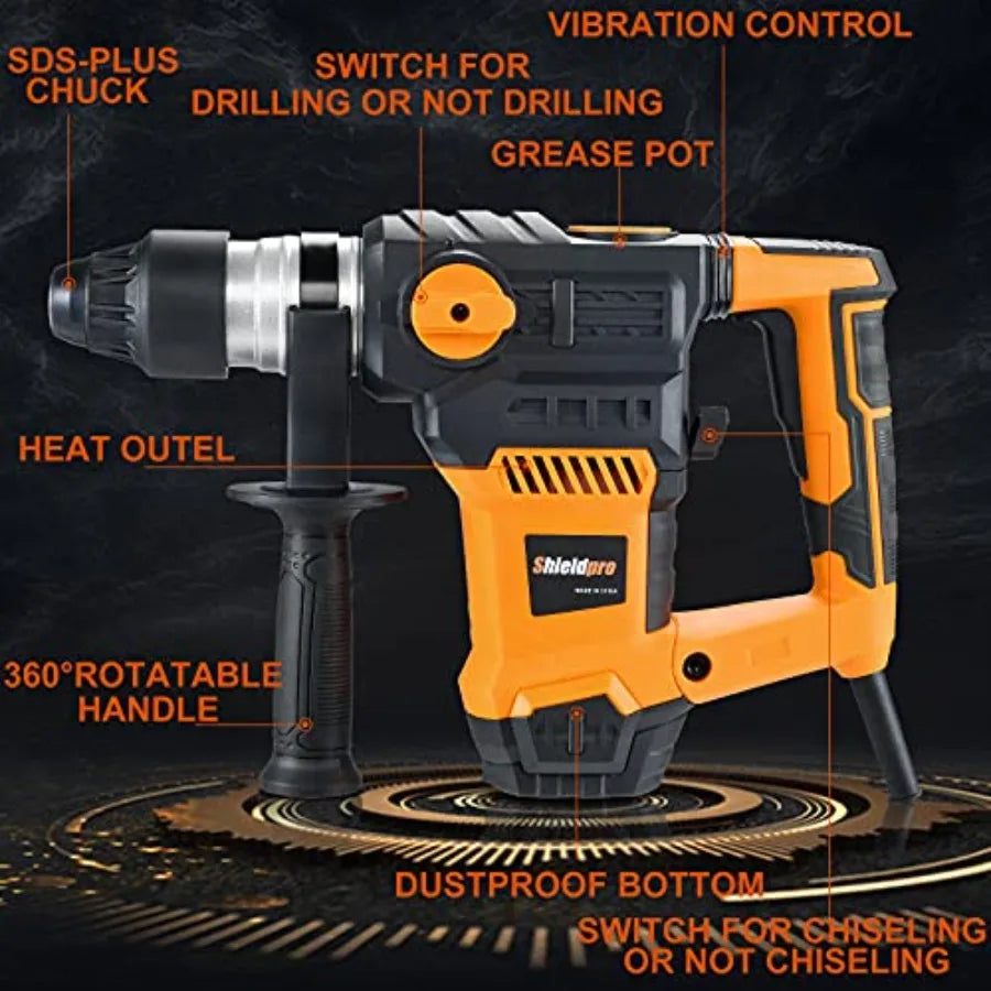 1-1/4 Inch SDS-Plus 13 Amp Rotary Hammer Drill with Heavy Duty Safety Clutch 3 Function Operation Advanced Vibration