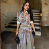 Multicolor Striped Shirt 2 Picec Set Button Front Blouse High Waist Flared Hem Maxi Skirt 2026 Summer Elegant Lady Vacation Suit