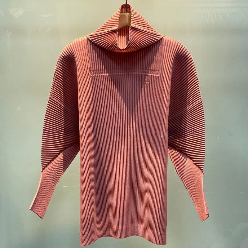 Miyake Casual Stand-up Collar Pullover Sweater Autumn and Winter New Solid Color Loose Pleated Long-sleeved Jacket Women