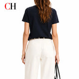 CH Square Floral Embroidered Slim Fit T-Shirt Women Crew Neck Short Sleeve Premium Casual Top