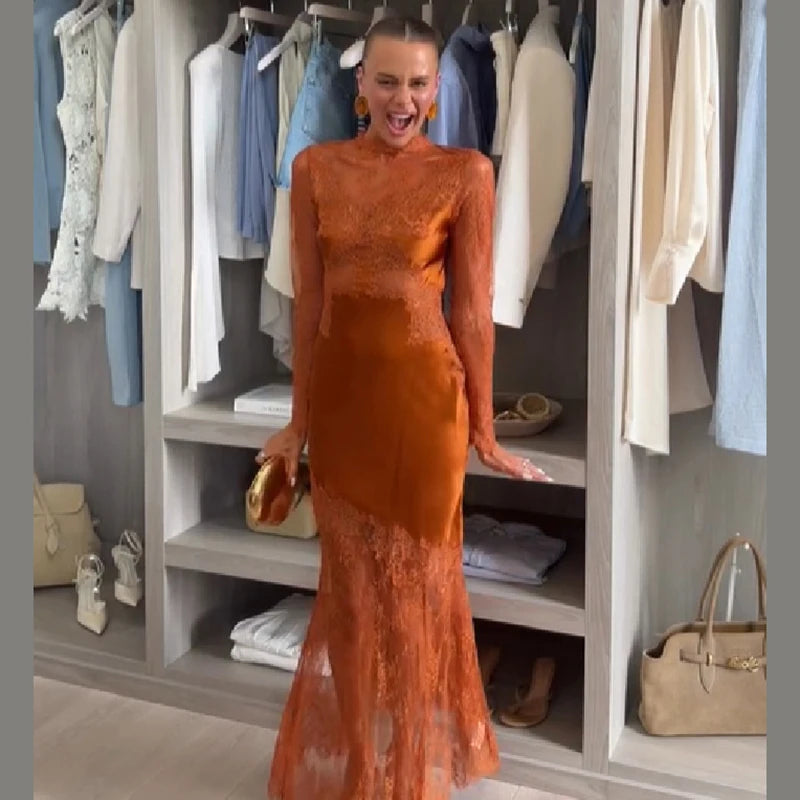 Lace Mock Neck Maxi Dress Women Sheer Lace Overlay Satin Lining Long Sleeve Mermaid Hem Vestidos Elegant Formal Ladies Gown