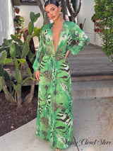 Woman Tiger Stripe Print Deep V-neck Dress Sexy Backless Long Sleeve Dresses 2026 Summer Vacation Beach Party Elegant Vestidos