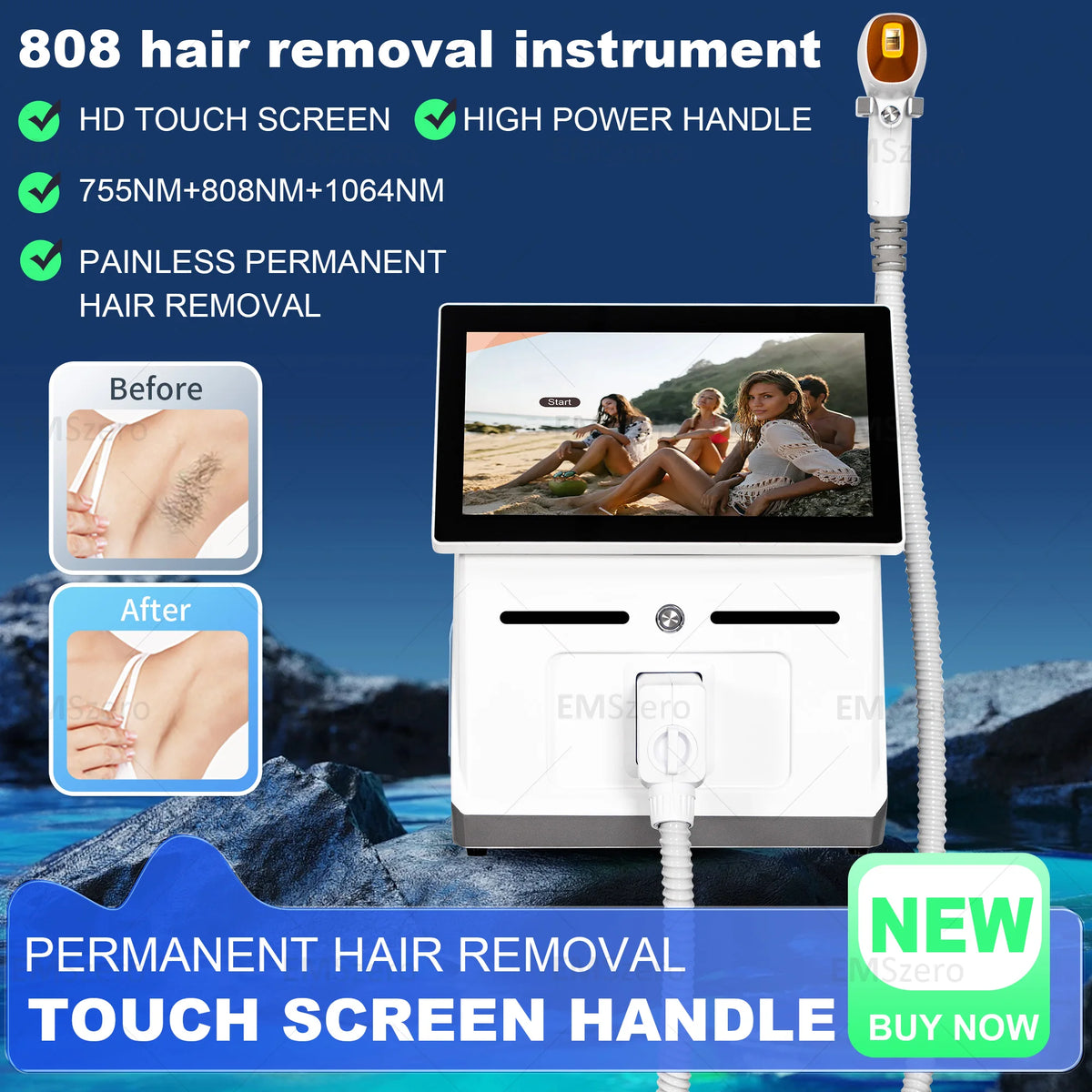 Diode Laser Hair Removal Machine 755nm 808nm 1064nm 3-Wavelength Ice Titanium Painless Body Hair Removal Equipment for Salon
