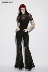 PUNK RAVE Women's Gothic Lace Knitted Elegant Texture Hazy Beauty Short Sleeved T-shirt 3d Small Decal Slim Sexy Tops Summer