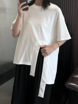 EAM Women White Hem Irregular Spliced Big Size Casual T-shirt New Round Neck Short Sleeve Fashion Autumn 2026 1DH5508