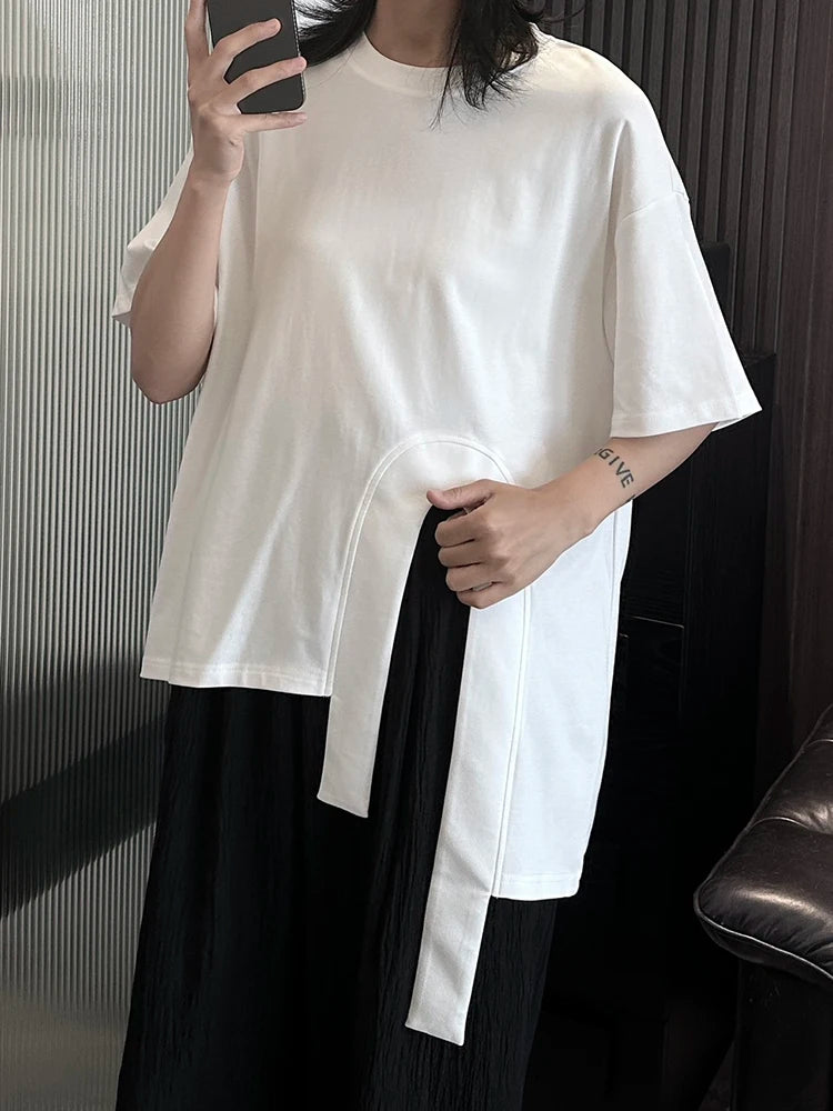 EAM Women White Hem Irregular Spliced Big Size Casual T-shirt New Round Neck Short Sleeve Fashion Autumn 2026 1DH5508