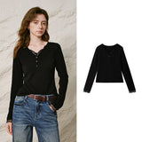 TOYOUTH Women T-shirt 2026 Winter New Lace Patch Fake Two Piece V Neck Cropped Fitted Top