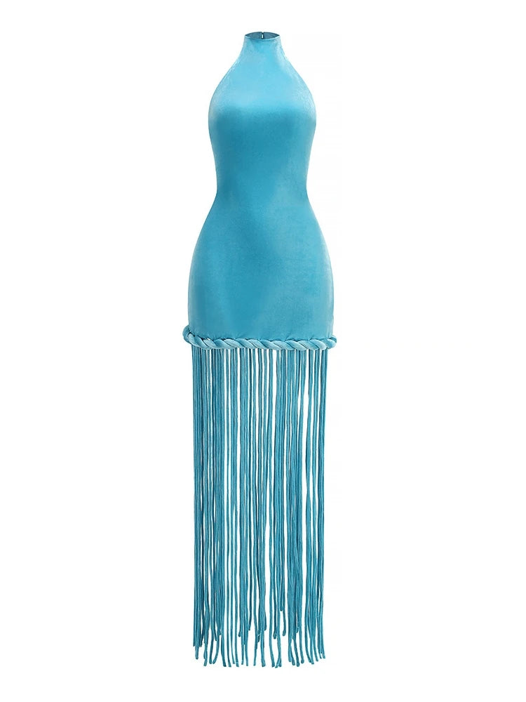 Sexy Halter Neck Patchwork Twist Knot Tassels Long Dress Women Blue Velvet Sleeveless Backless Dresses Evening Party Cocktail