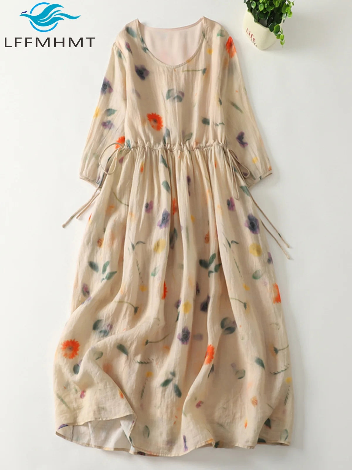 Women's Fresh Style Dress Flower Print Elastic Waist Half Sleeve V-neck Linen Dress Female Beach Holiday A-line Vintage Frocks