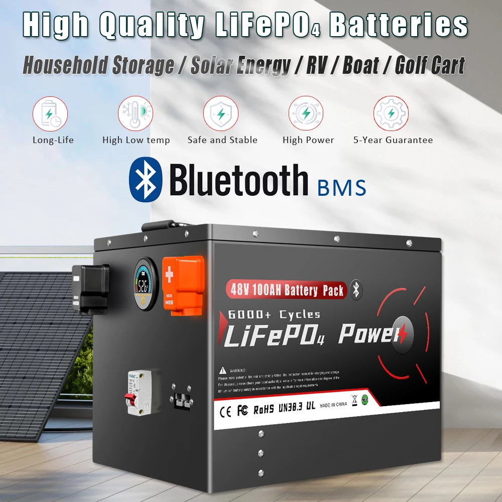 24V 48V 100Ah 200Ah LiFePO4 Battery Pack With Bluetooth BMS 6500+ Cycles For Home Soalr RV PV Inverters Boat Golf Cart