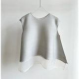 Miyake Light Purple Pleated Women's T-shirt Double Layer Crew Neck Sleeveless Casual Daily Meash Patchwork Hem Tee
