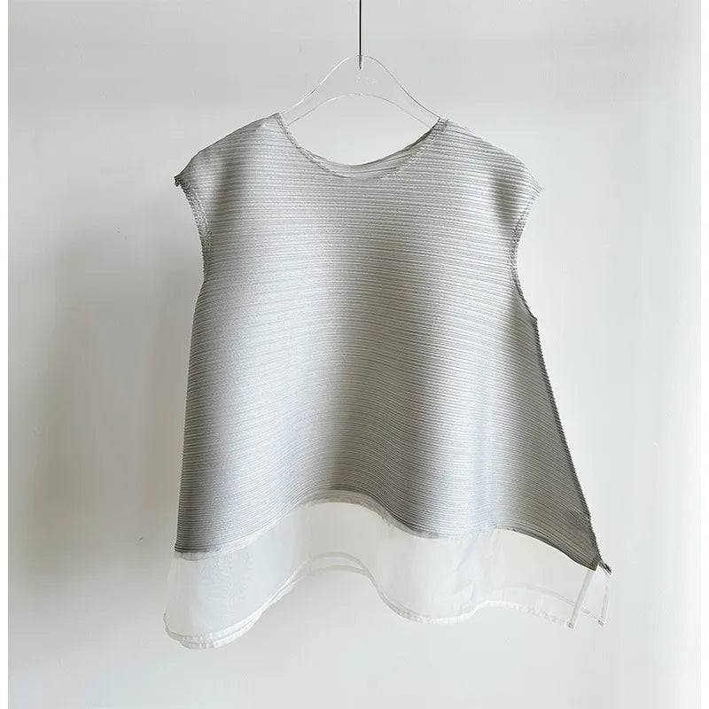 Miyake Light Purple Pleated Women's T-shirt Double Layer Crew Neck Sleeveless Casual Daily Meash Patchwork Hem Tee