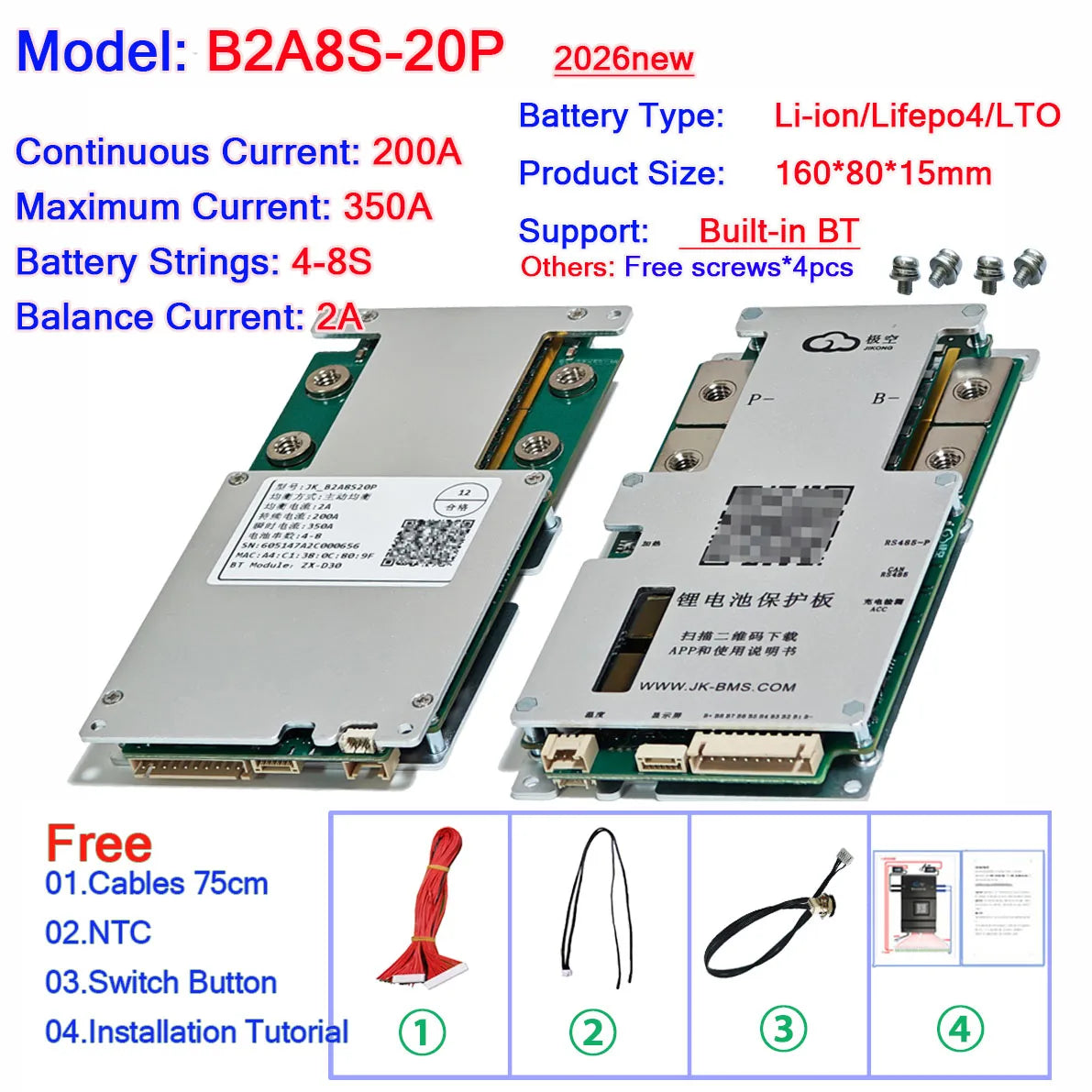 Jikong JK BMS 4s 7s 8s 13s 16s 20s 24s 10s20a 12v 24v 36v 48v 51v 96v 48b 100a 200a Display Seplos Pcb Board Lto Smart Lifepo4