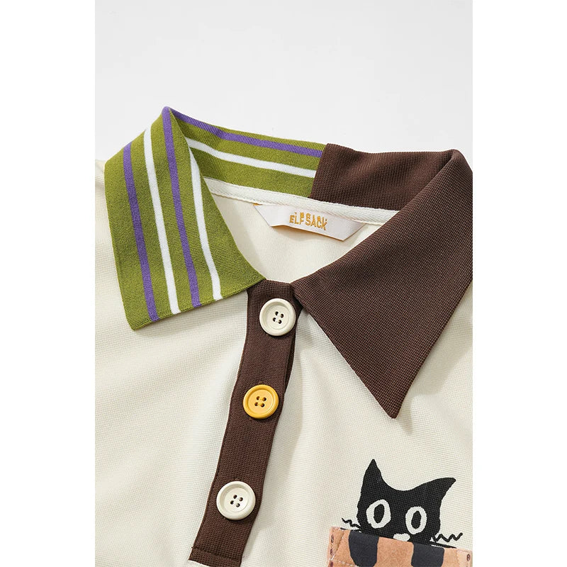 ELFSACK Cat Pocket Polo T-Shirt, Color Block Collar Oversized Tee with Cute Embroidery